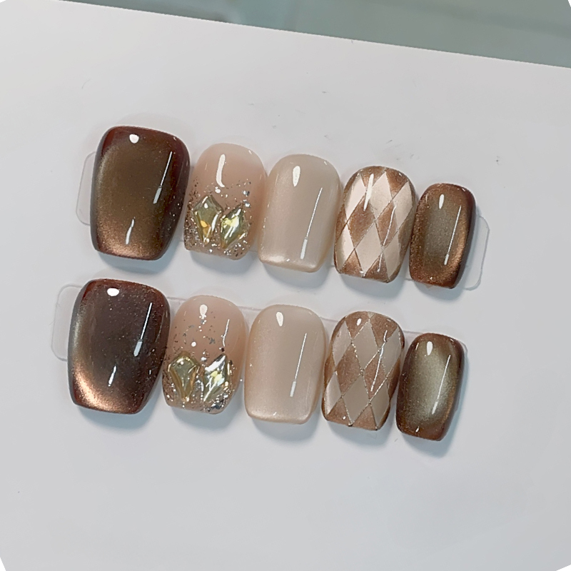 Nail Art Cat Eye - 10pcs Handmade Press on Nails Coffee