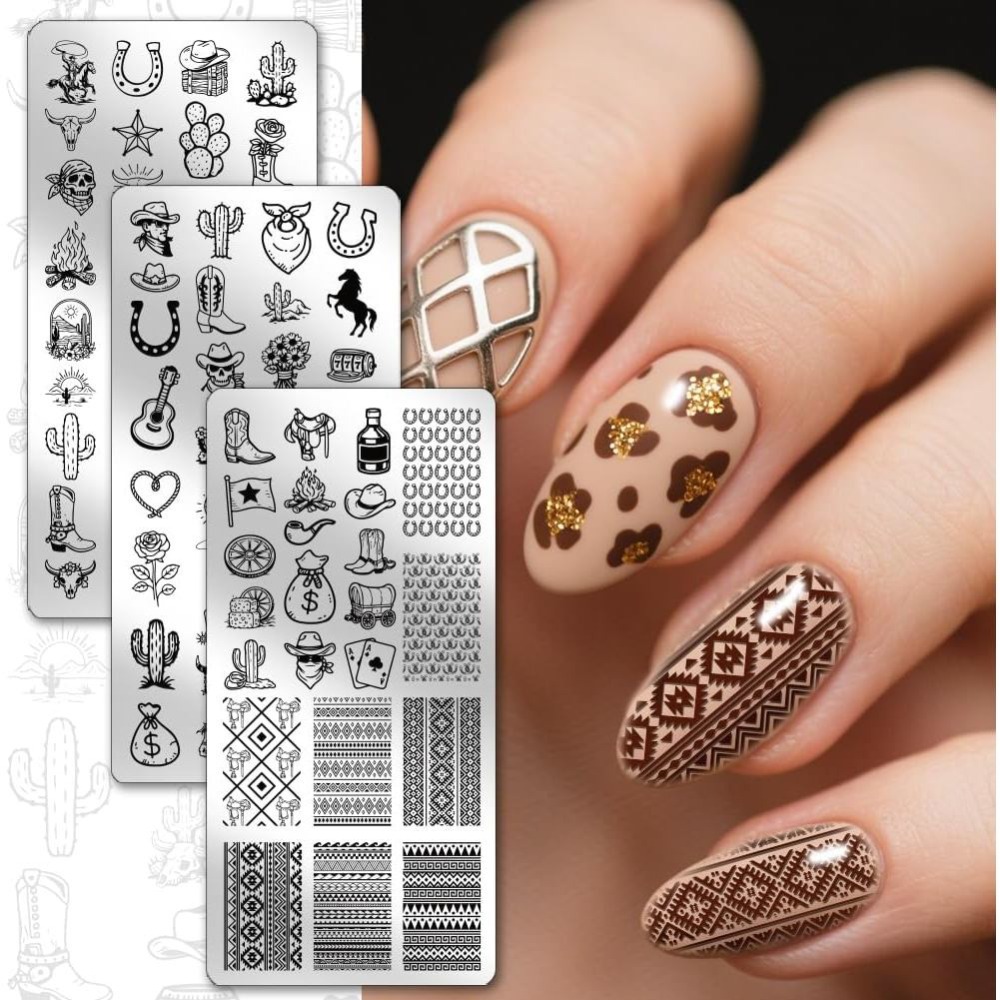 3pcs Western Cowboy Nail Stamp - Nail Stamping Plate 评论和价格