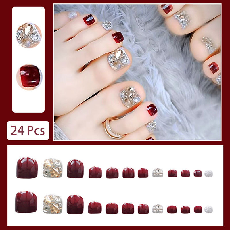 24pcs Girl Fake Toenails Burgu - Nail Art Burgundy 评论和价格